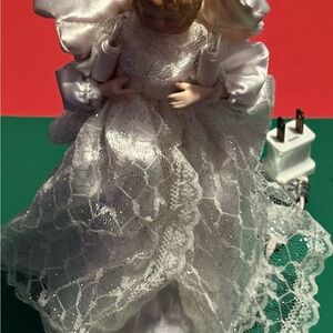 Vintage 9" Silver Christmas Angel Tree Topper W/Porcelain Head
Lights Up